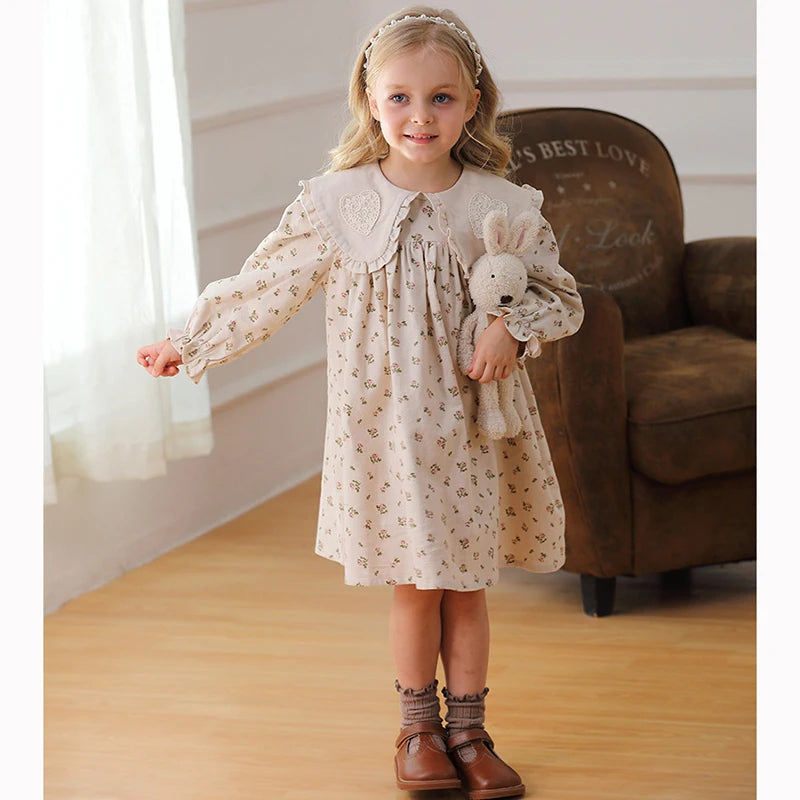 Spring Kids Baby Girls Sister Clothes Flower Print Princess Dress Autumn Baby Girls Doll Collar Dress Children Clothes Dress ﻿