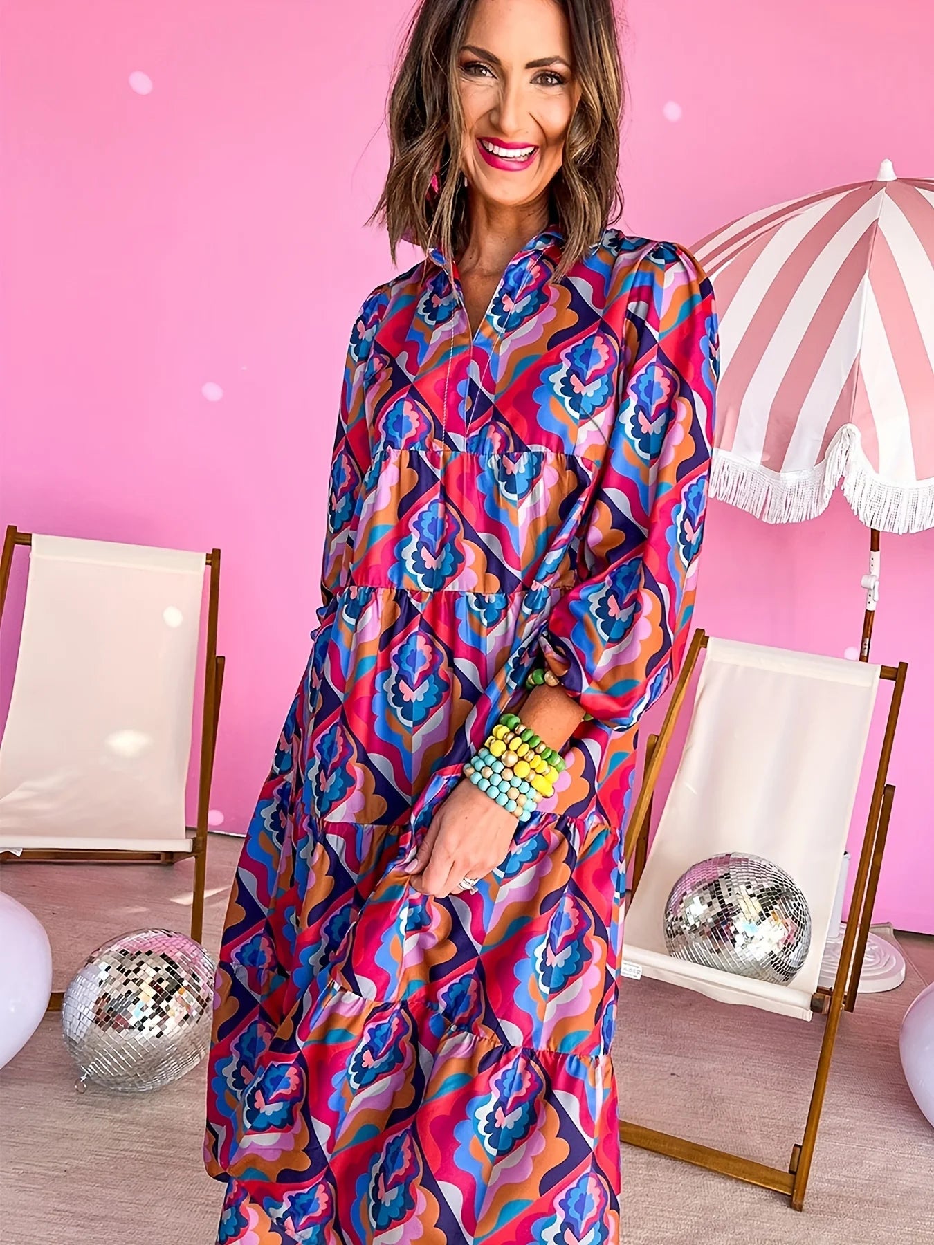 2025 Energetic Selection! Long - Sleeve Dress with Colorful Geometric Prints. The V - Neck Shirt - Collar Design Adds a Sense of