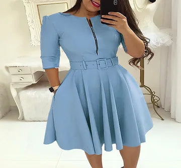 Women-New Autumn and Winter Dresses Round Neck Zipper Waist Mid-Length Sleeve Dress Temperament Commuting Swing Dress with Belt