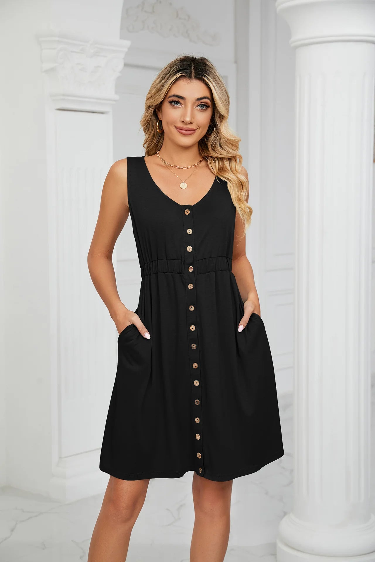 Vintage Elegant 2023 Summer Casual A-Line Womens Pullover Loose Pocket Dress Chic O-Neck Solid Sleeveless Long Dresses For Women