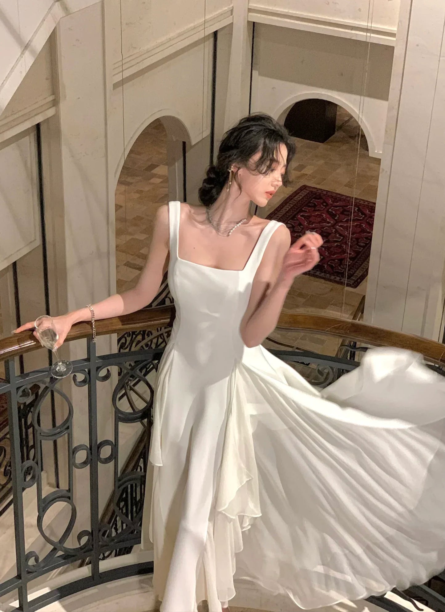 Women's Luxury Elegant Sleeveless Ruffles Square Collar Sheath Dresses 2024 Summer Fairy Slim Fit Solid Color Camisole Dress