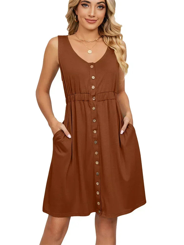 Vintage Elegant 2023 Summer Casual A-Line Womens Pullover Loose Pocket Dress Chic O-Neck Solid Sleeveless Long Dresses For Women