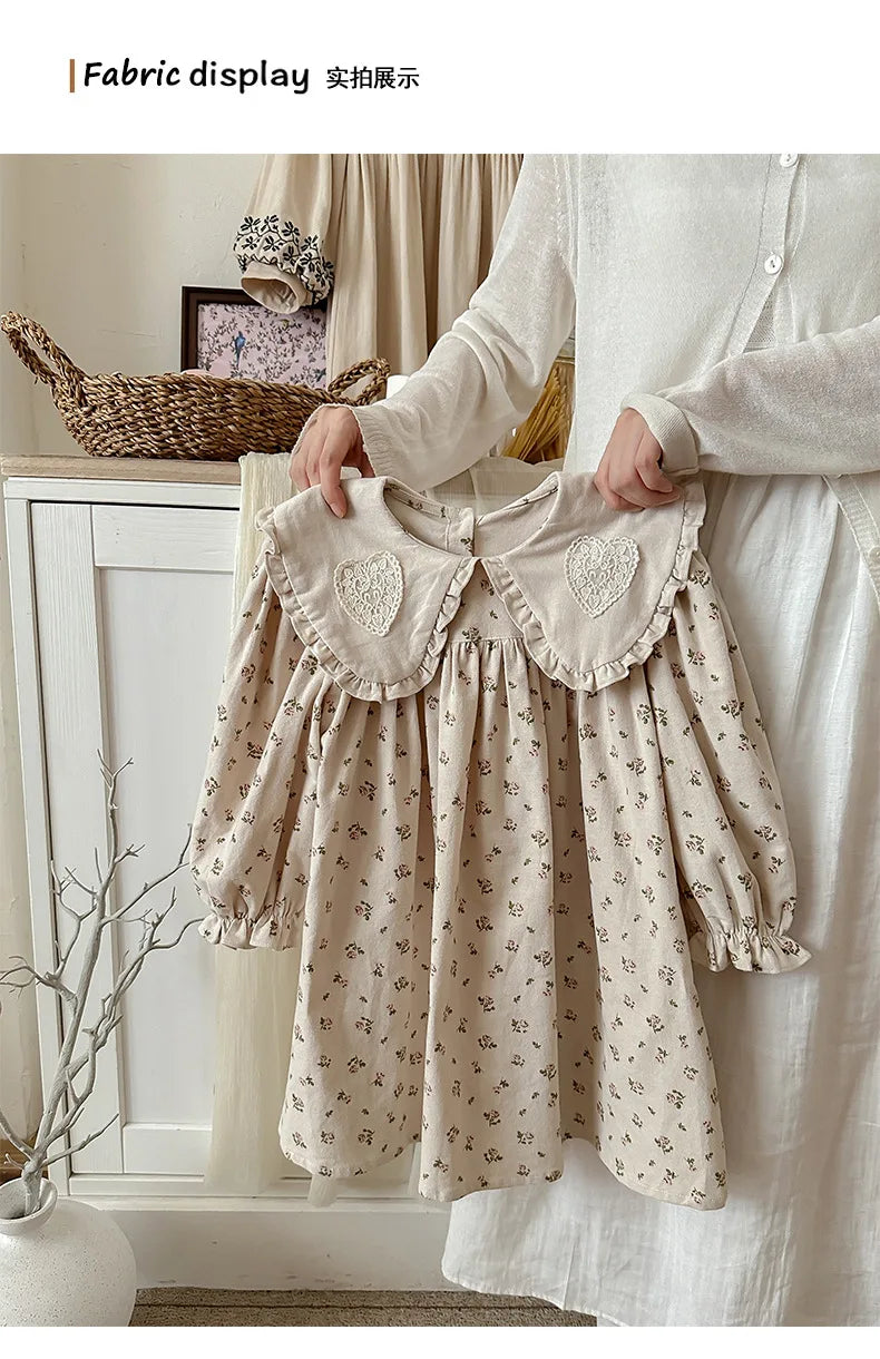 Spring Kids Baby Girls Sister Clothes Flower Print Princess Dress Autumn Baby Girls Doll Collar Dress Children Clothes Dress ﻿