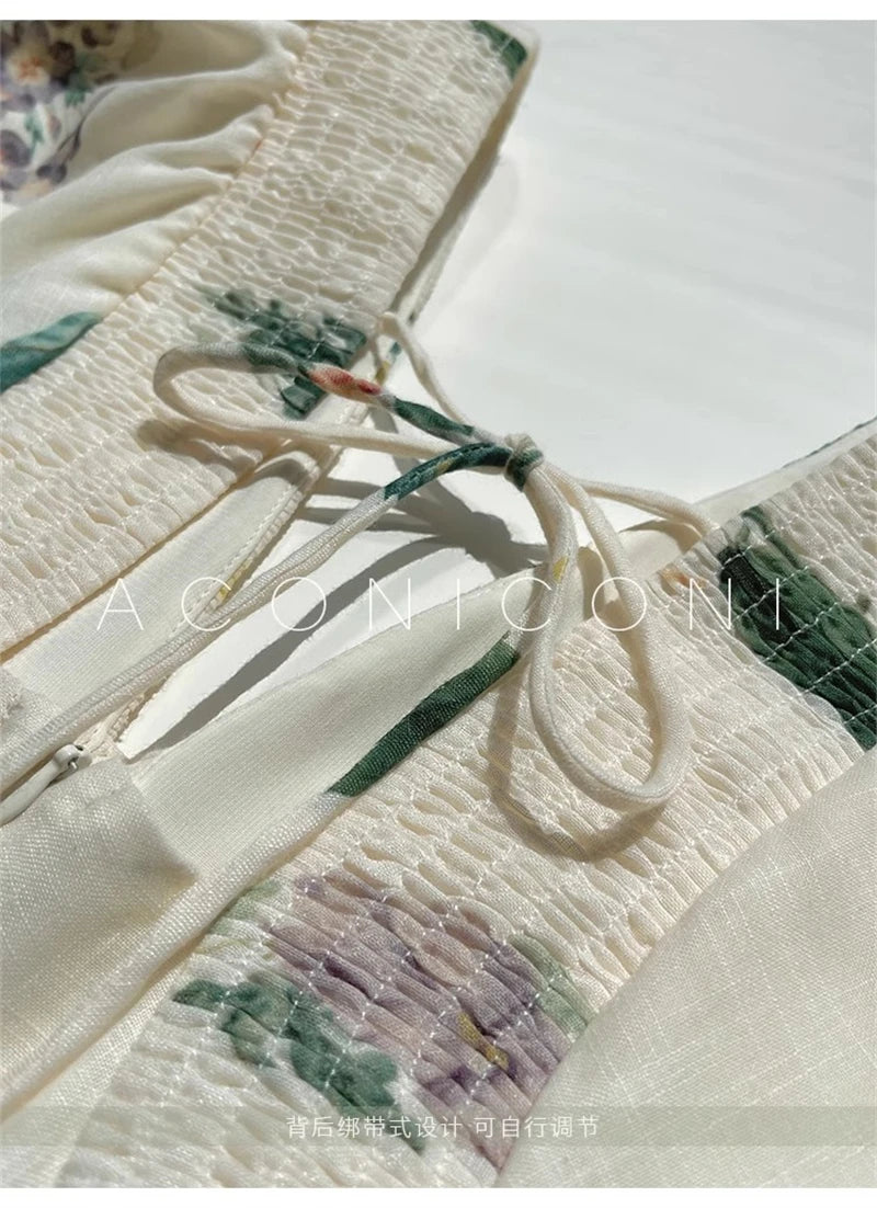 Vintage Fashion Printing Dress Cotton Linen Large Hem Loose Design V-neck Short Sleeves Women Dresses