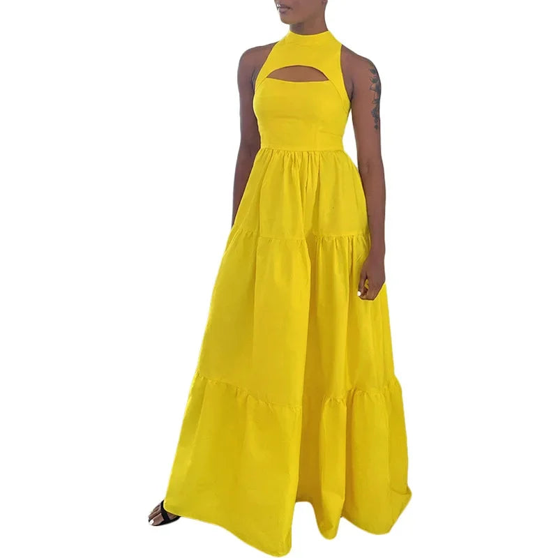 CM.YAYA Women Cutout Front Sleeveless Big Swing Floor Length Maxi Dress 2023 Autumn Street Evening Vestidos Sexy Party Dresses
