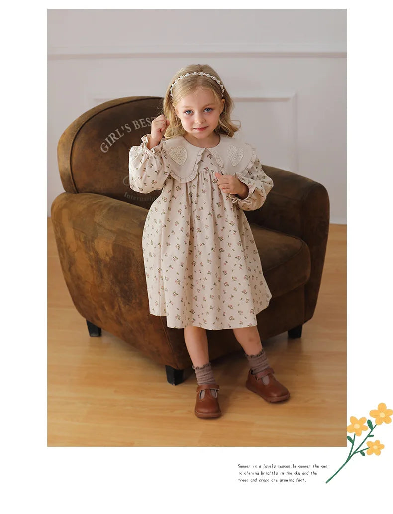 Spring Kids Baby Girls Sister Clothes Flower Print Princess Dress Autumn Baby Girls Doll Collar Dress Children Clothes Dress ﻿