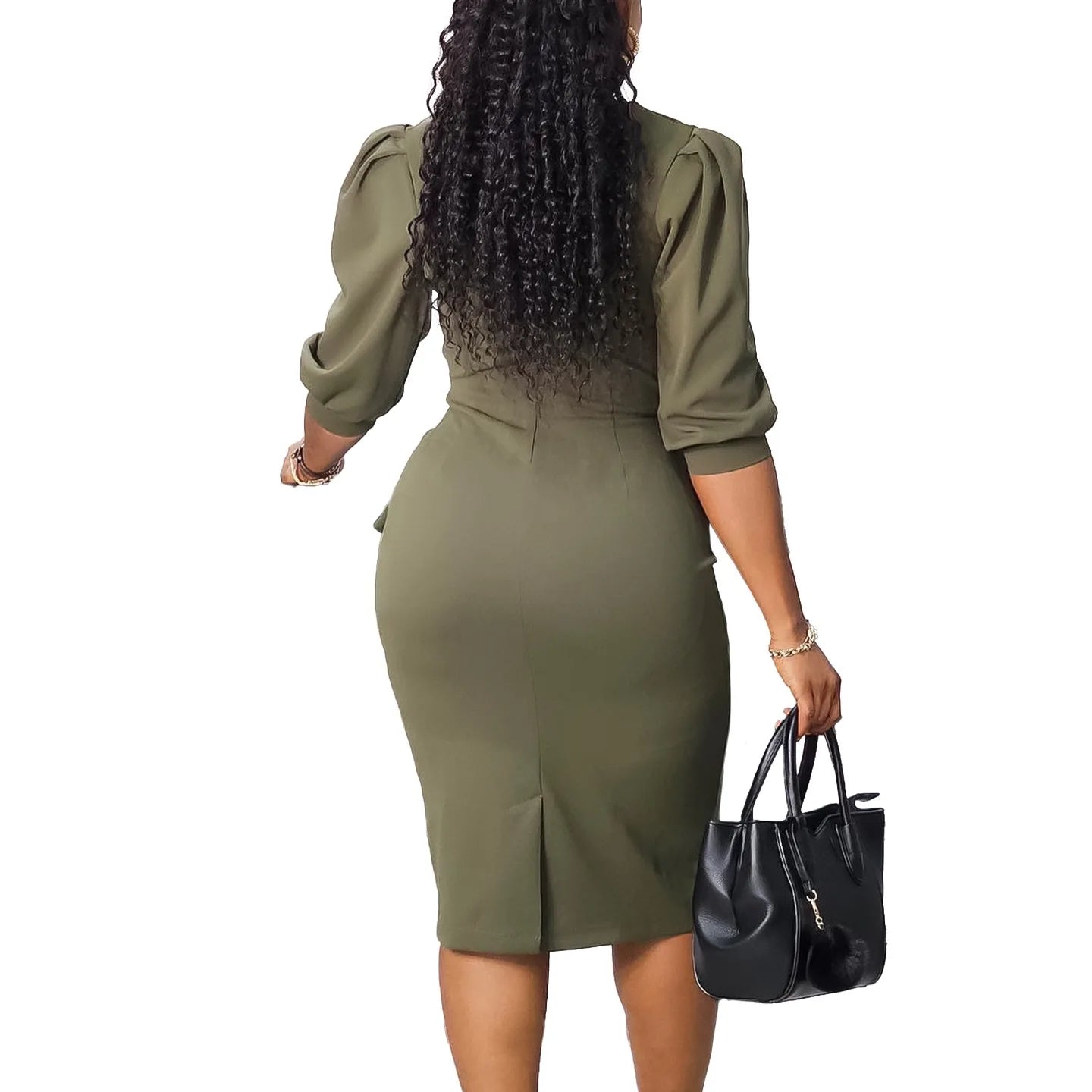 Elegant Office Dresses For Women Turn Down Collar Single Breasted Three Quarter Sleeve Belt Waisted Mermaid Dress Midi Clothes