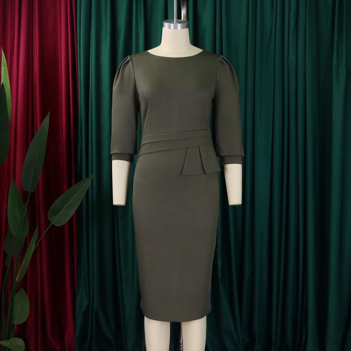 Elegant Office Dresses For Women Turn Down Collar Single Breasted Three Quarter Sleeve Belt Waisted Mermaid Dress Midi Clothes
