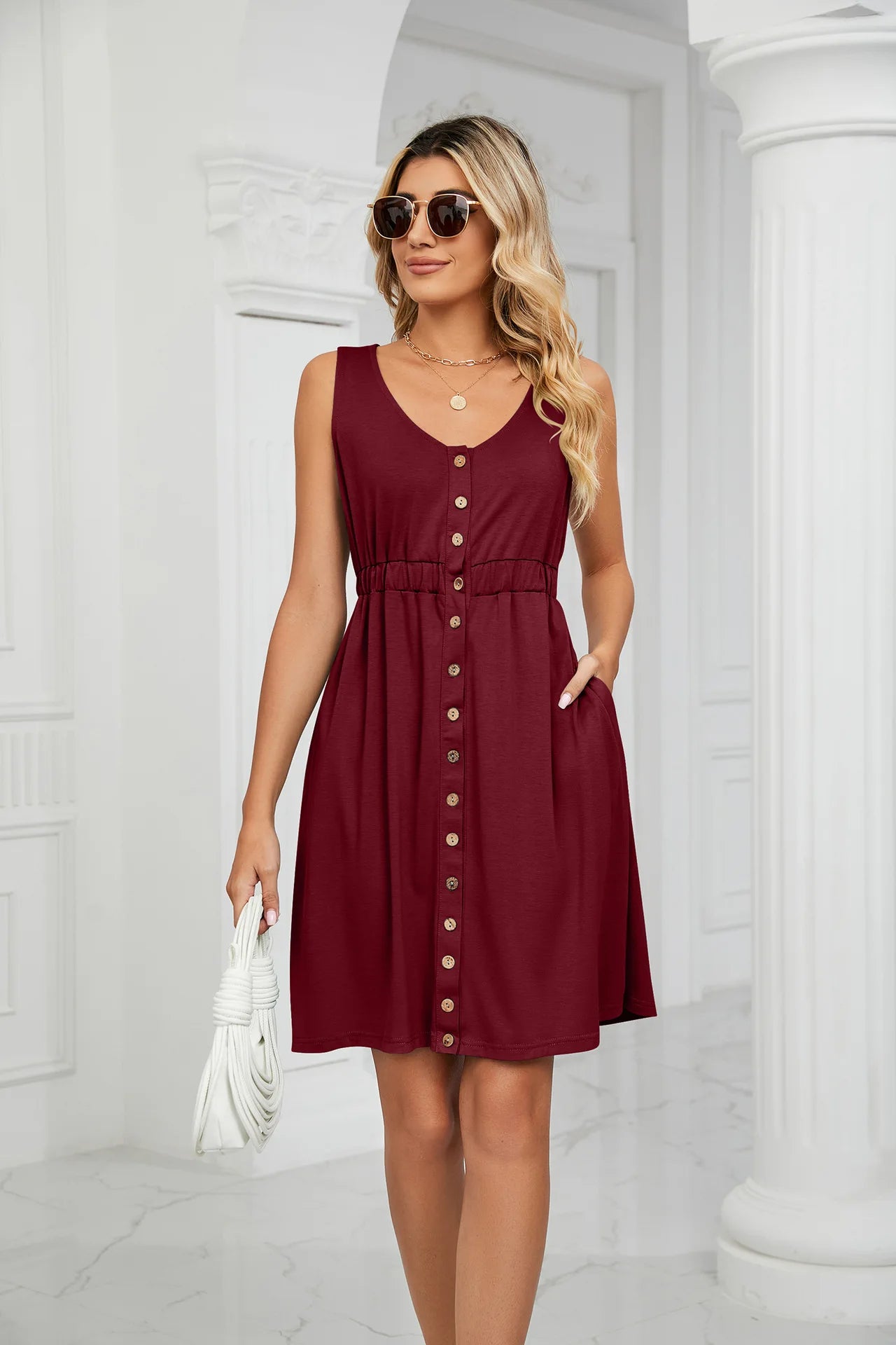 Vintage Elegant 2023 Summer Casual A-Line Womens Pullover Loose Pocket Dress Chic O-Neck Solid Sleeveless Long Dresses For Women