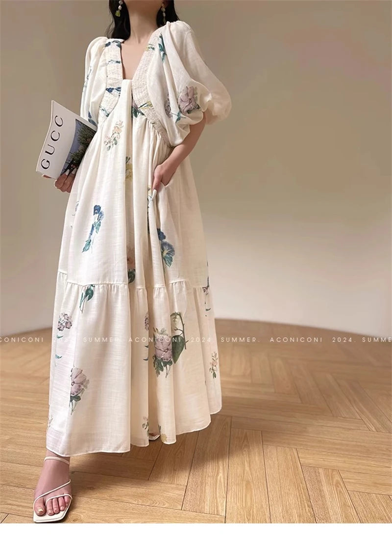 Vintage Fashion Printing Dress Cotton Linen Large Hem Loose Design V-neck Short Sleeves Women Dresses