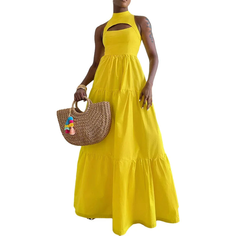 CM.YAYA Women Cutout Front Sleeveless Big Swing Floor Length Maxi Dress 2023 Autumn Street Evening Vestidos Sexy Party Dresses