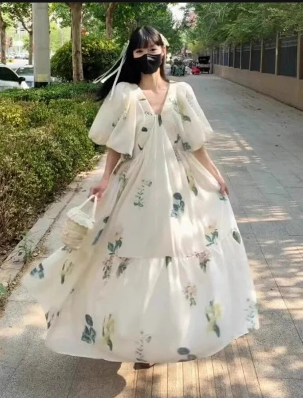 Vintage Fashion Printing Dress Cotton Linen Large Hem Loose Design V-neck Short Sleeves Women Dresses