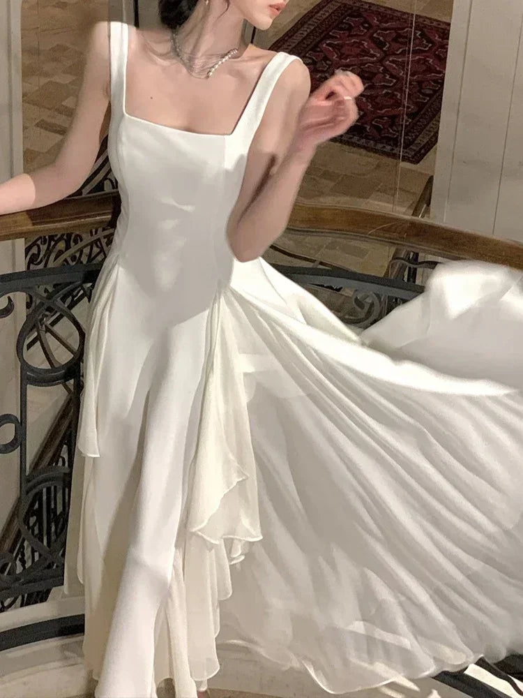 Women's Luxury Elegant Sleeveless Ruffles Square Collar Sheath Dresses 2024 Summer Fairy Slim Fit Solid Color Camisole Dress