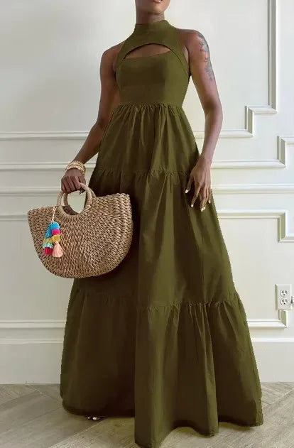 CM.YAYA Women Cutout Front Sleeveless Big Swing Floor Length Maxi Dress 2023 Autumn Street Evening Vestidos Sexy Party Dresses