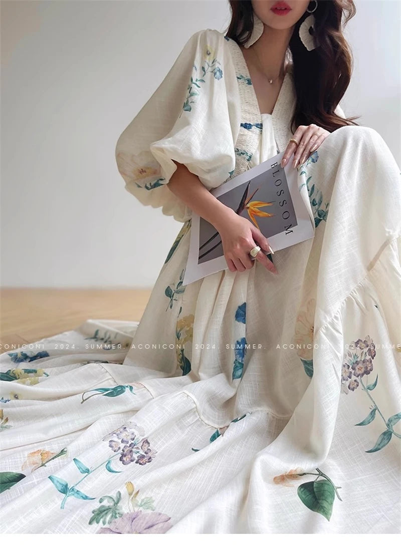 Vintage Fashion Printing Dress Cotton Linen Large Hem Loose Design V-neck Short Sleeves Women Dresses