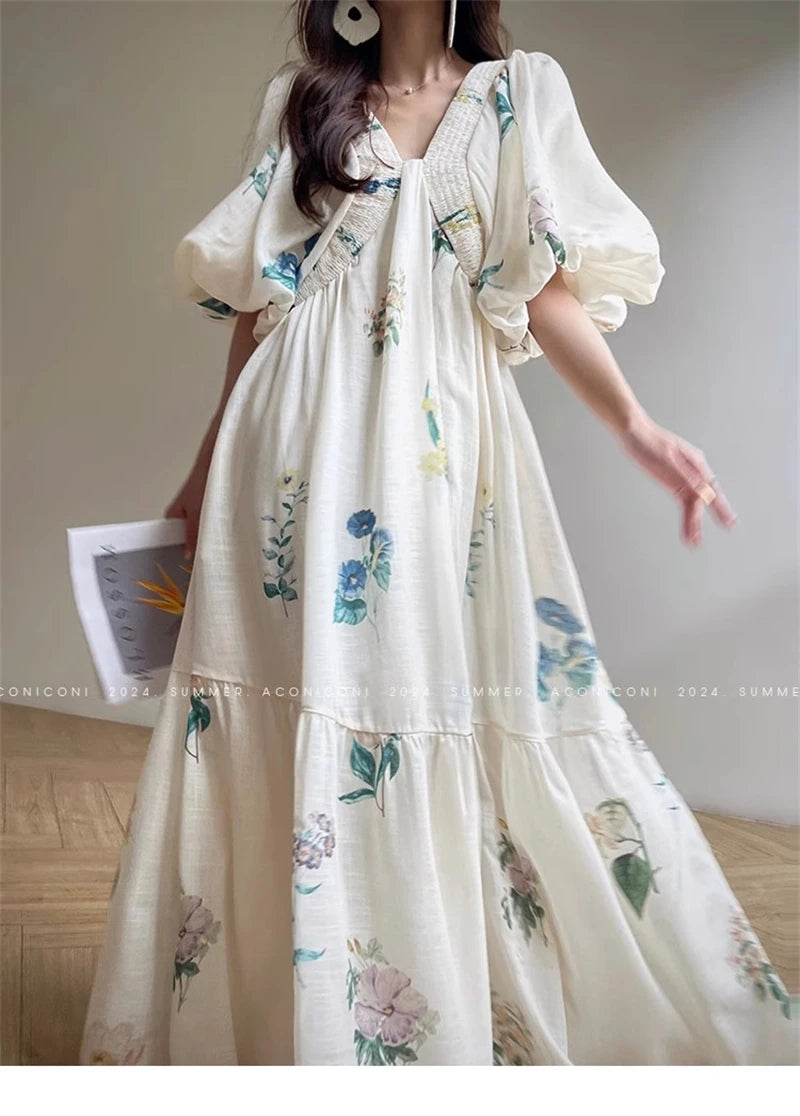 Vintage Fashion Printing Dress Cotton Linen Large Hem Loose Design V-neck Short Sleeves Women Dresses