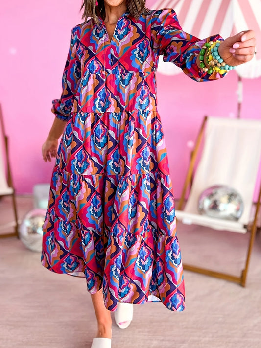 2025 Energetic Selection! Long - Sleeve Dress with Colorful Geometric Prints. The V - Neck Shirt - Collar Design Adds a Sense of