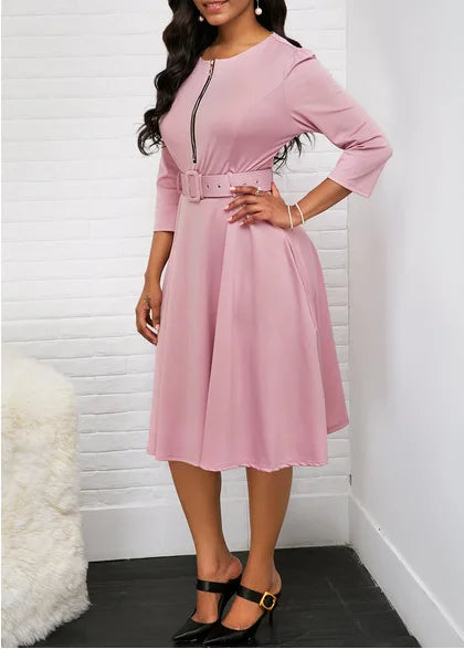 Women-New Autumn and Winter Dresses Round Neck Zipper Waist Mid-Length Sleeve Dress Temperament Commuting Swing Dress with Belt