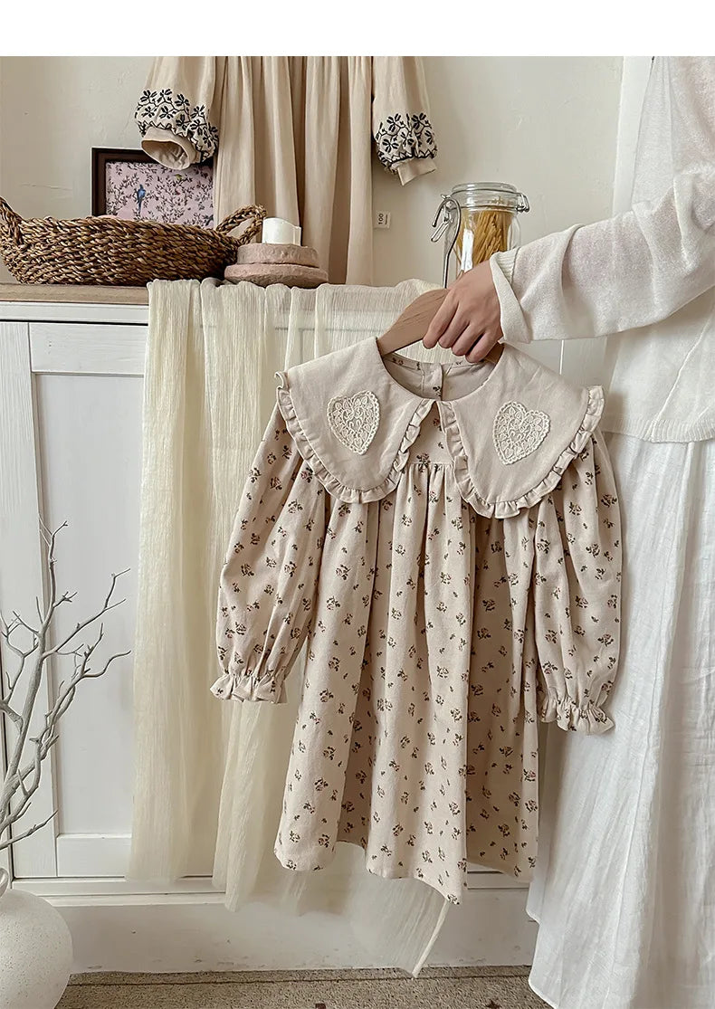 Spring Kids Baby Girls Sister Clothes Flower Print Princess Dress Autumn Baby Girls Doll Collar Dress Children Clothes Dress ﻿