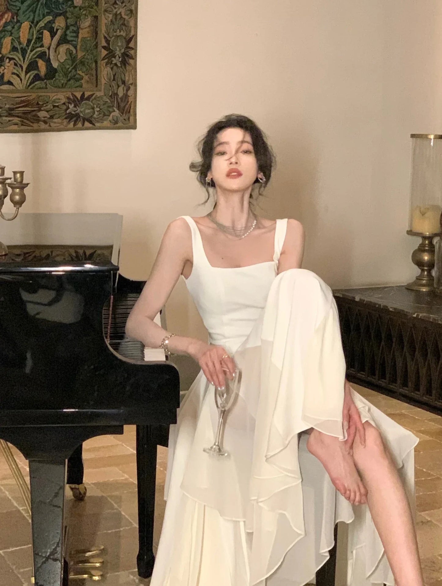 Women's Luxury Elegant Sleeveless Ruffles Square Collar Sheath Dresses 2024 Summer Fairy Slim Fit Solid Color Camisole Dress