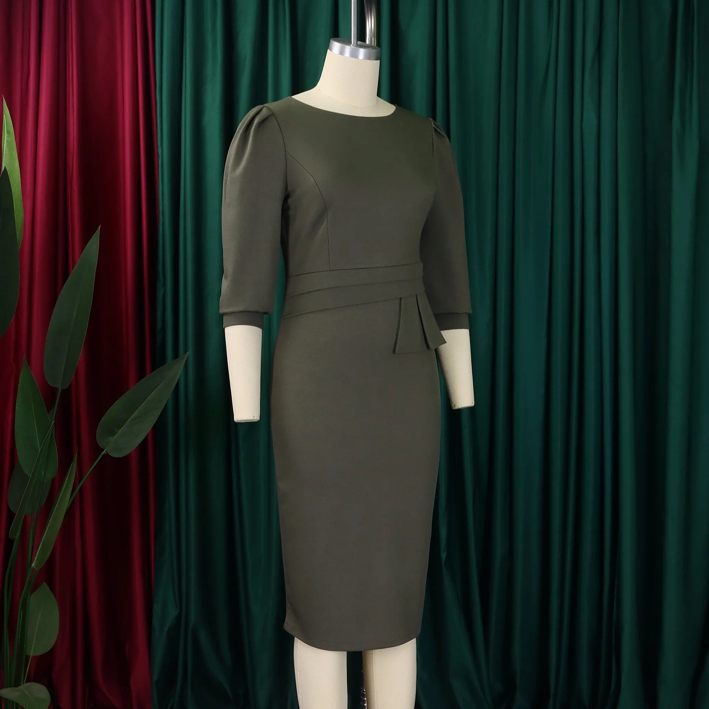 Elegant Office Dresses For Women Turn Down Collar Single Breasted Three Quarter Sleeve Belt Waisted Mermaid Dress Midi Clothes