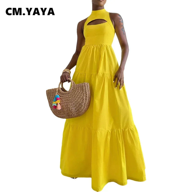 CM.YAYA Women Cutout Front Sleeveless Big Swing Floor Length Maxi Dress 2023 Autumn Street Evening Vestidos Sexy Party Dresses