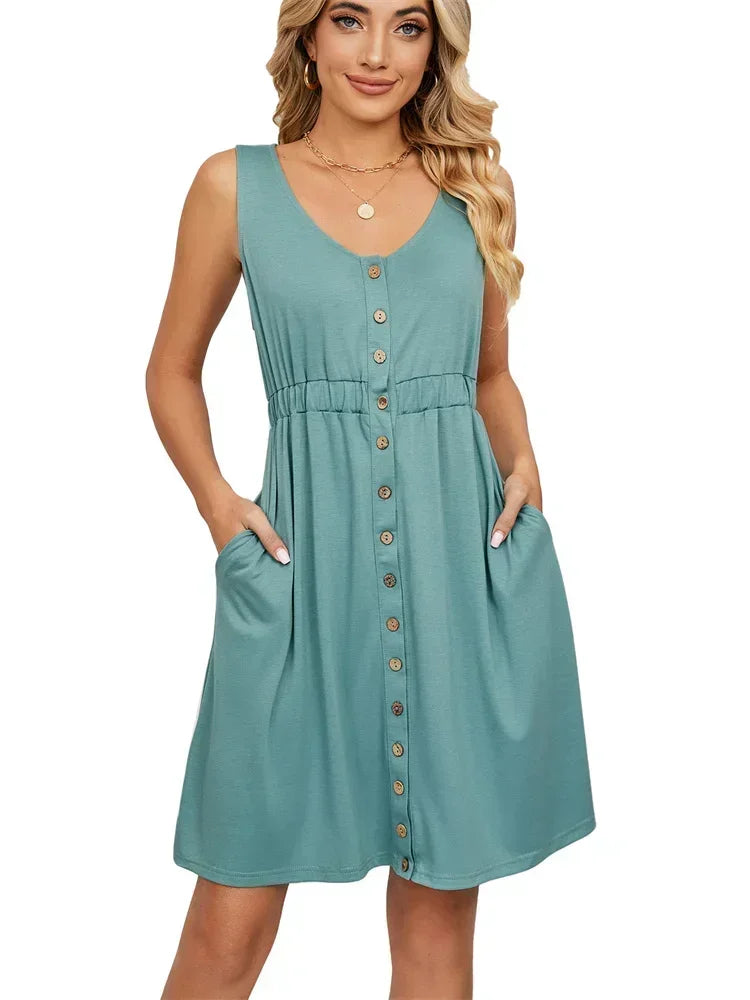 Vintage Elegant 2023 Summer Casual A-Line Womens Pullover Loose Pocket Dress Chic O-Neck Solid Sleeveless Long Dresses For Women