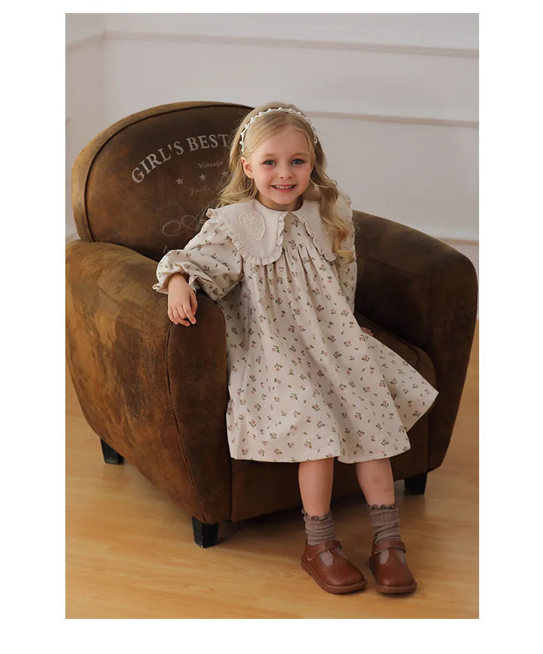 Spring Kids Baby Girls Sister Clothes Flower Print Princess Dress Autumn Baby Girls Doll Collar Dress Children Clothes Dress ﻿